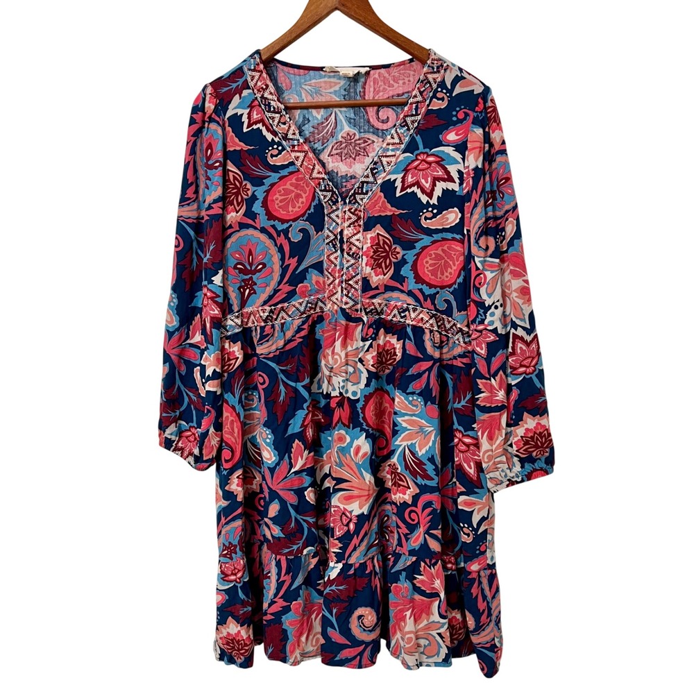 Nurture by Westbound Womens XL Blue Pink Paisley Floral Boho Tiered Mini Dress